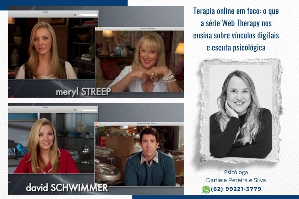 Cena da série Web Therapy – Terapia Online - com Lisa Kudrow interpretando a psicóloga fictícia Fiona Wallice em uma sessão online humorística.